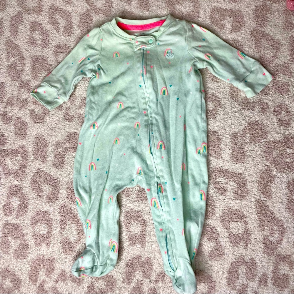 Baby Gap zipper footed pajama, 0-3 months, light green with rainbows